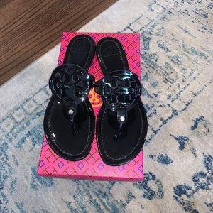 Tory Burch black patent leather miller sandal